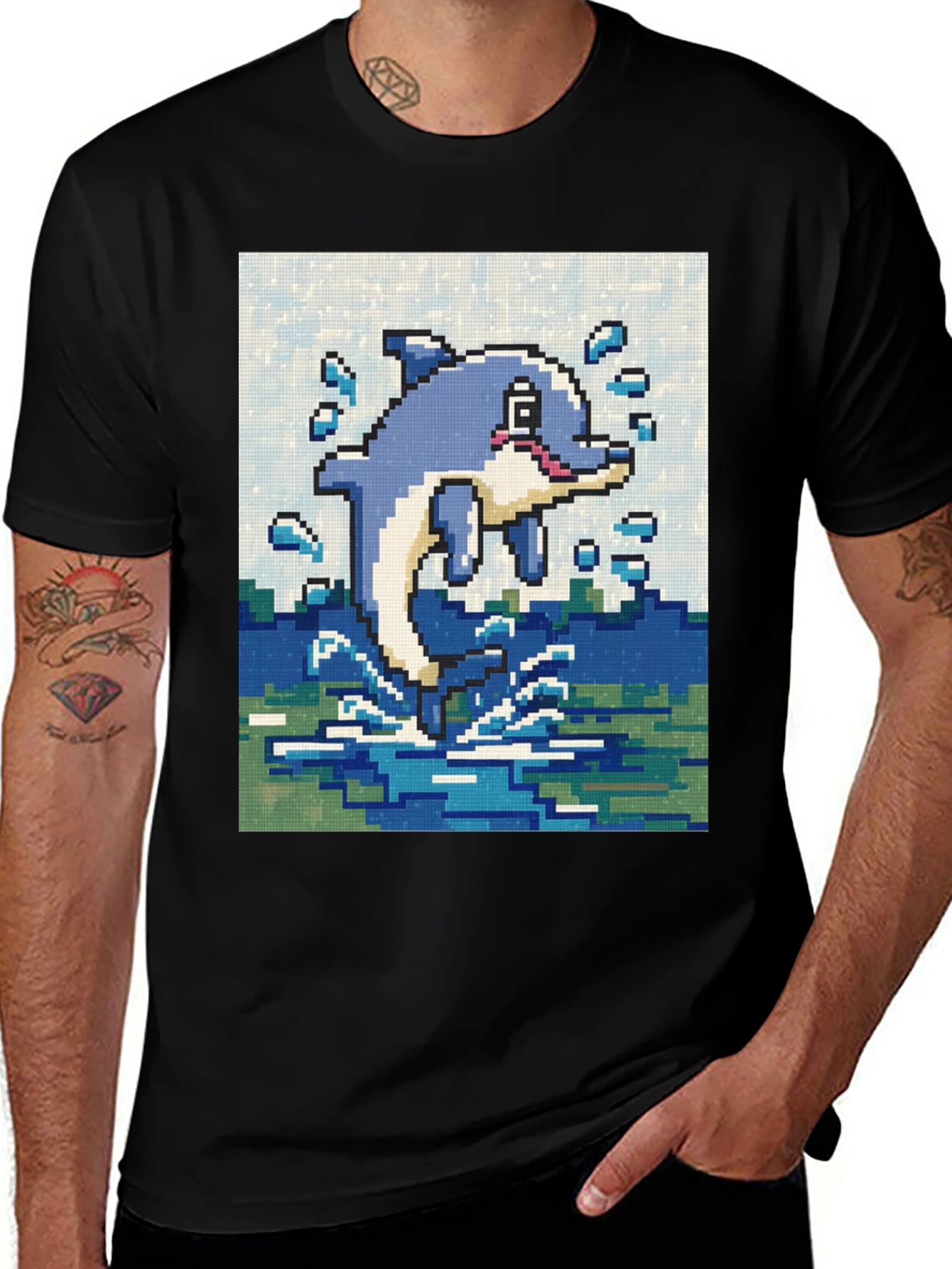 Variant 8 of Pixel Art Dolphin Black T-Shirt