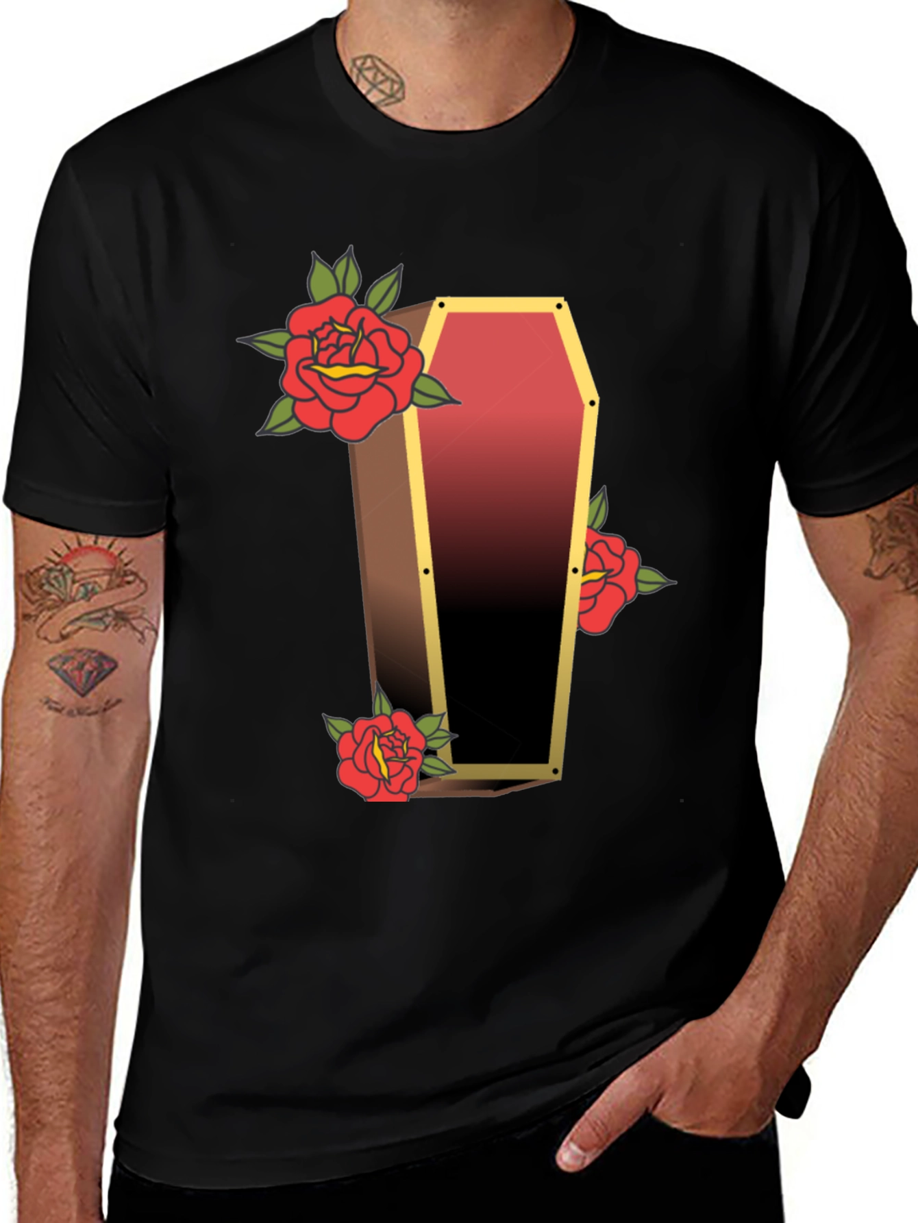 Variant 25 of Coffin & Roses Graphic T-Shirt - Unique Tattoo Style Design