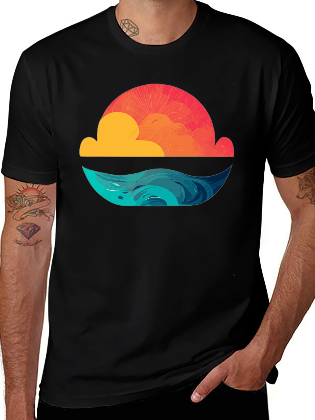 Variant 2 of Sunset Waves Graphic Tee - Black Cotton T-Shirt