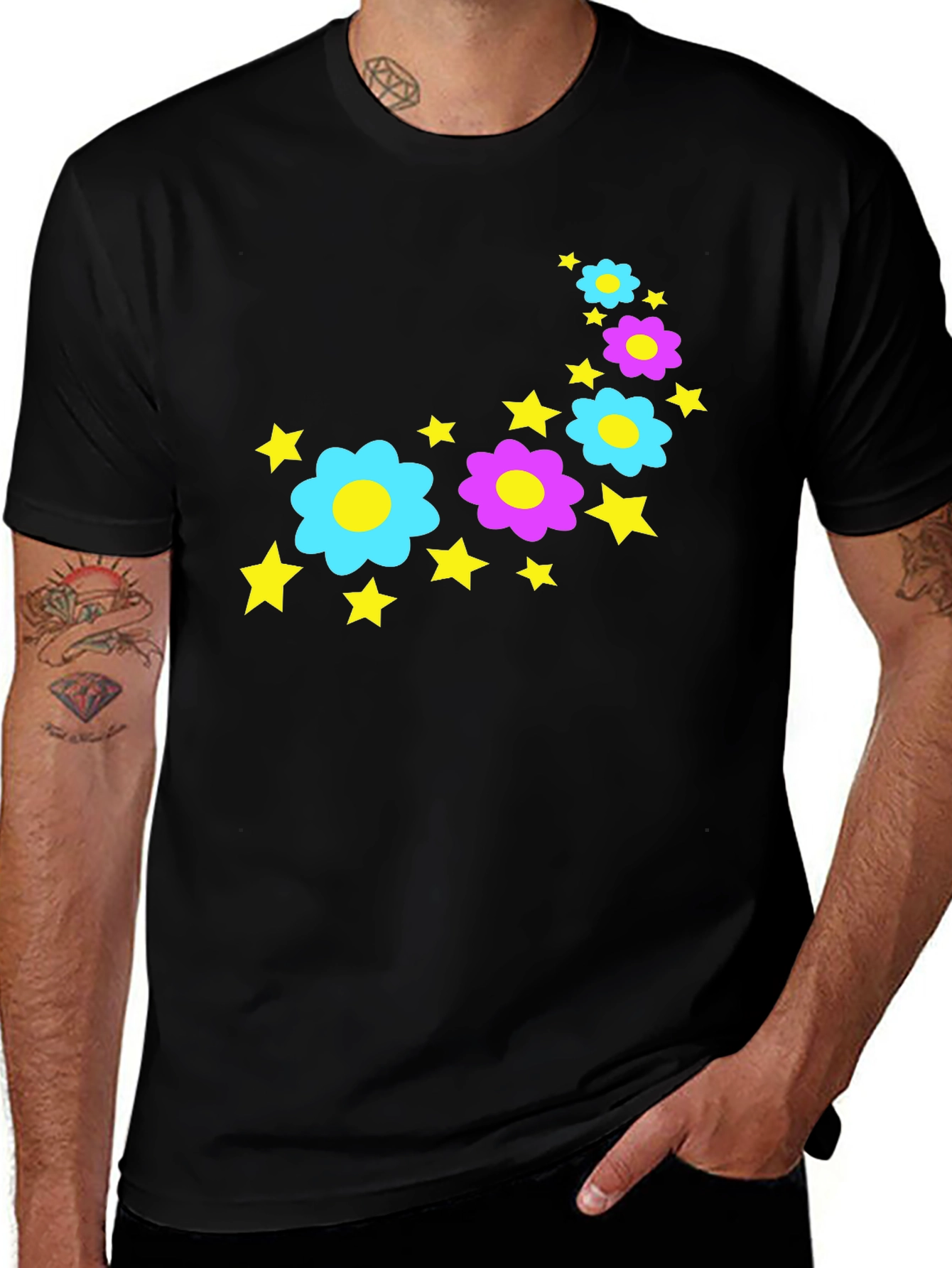 Variant 8 of Floral & Star Graphic Tee - Black Cotton Blend