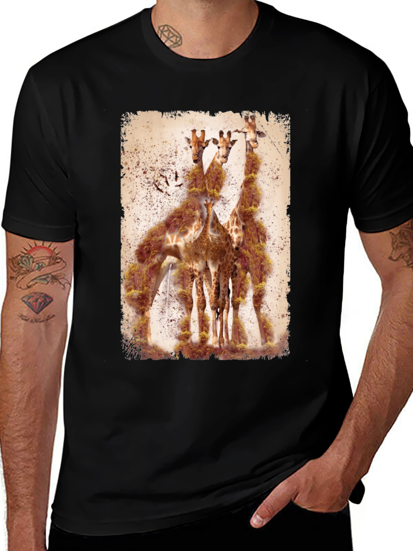 Variant 13 of Giraffe Print Graphic Tee - Men's Black T-Shirt