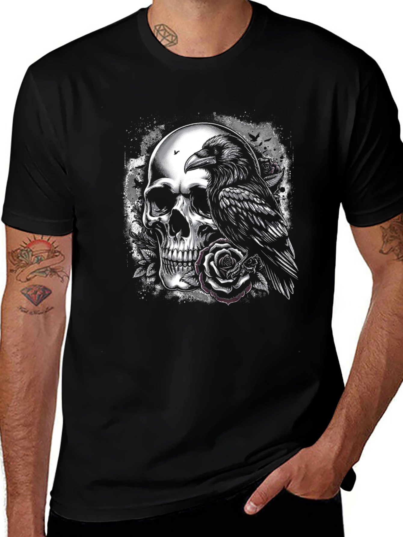 Black Raven and Skull Graphic T-Shirt - Gothic Style main image