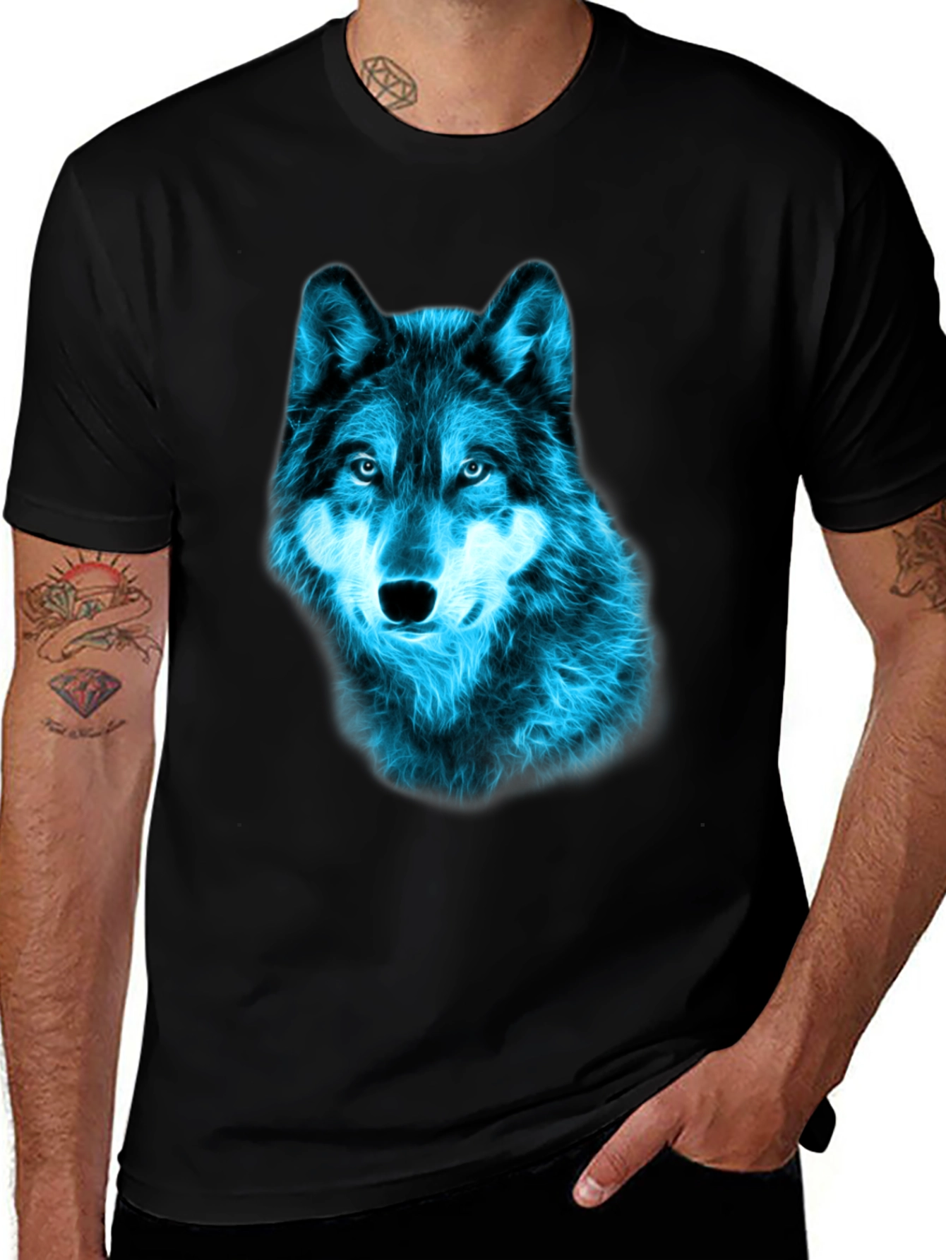 Variant 20 of Neon Blue Wolf Graphic Tee - Black Cotton T-Shirt
