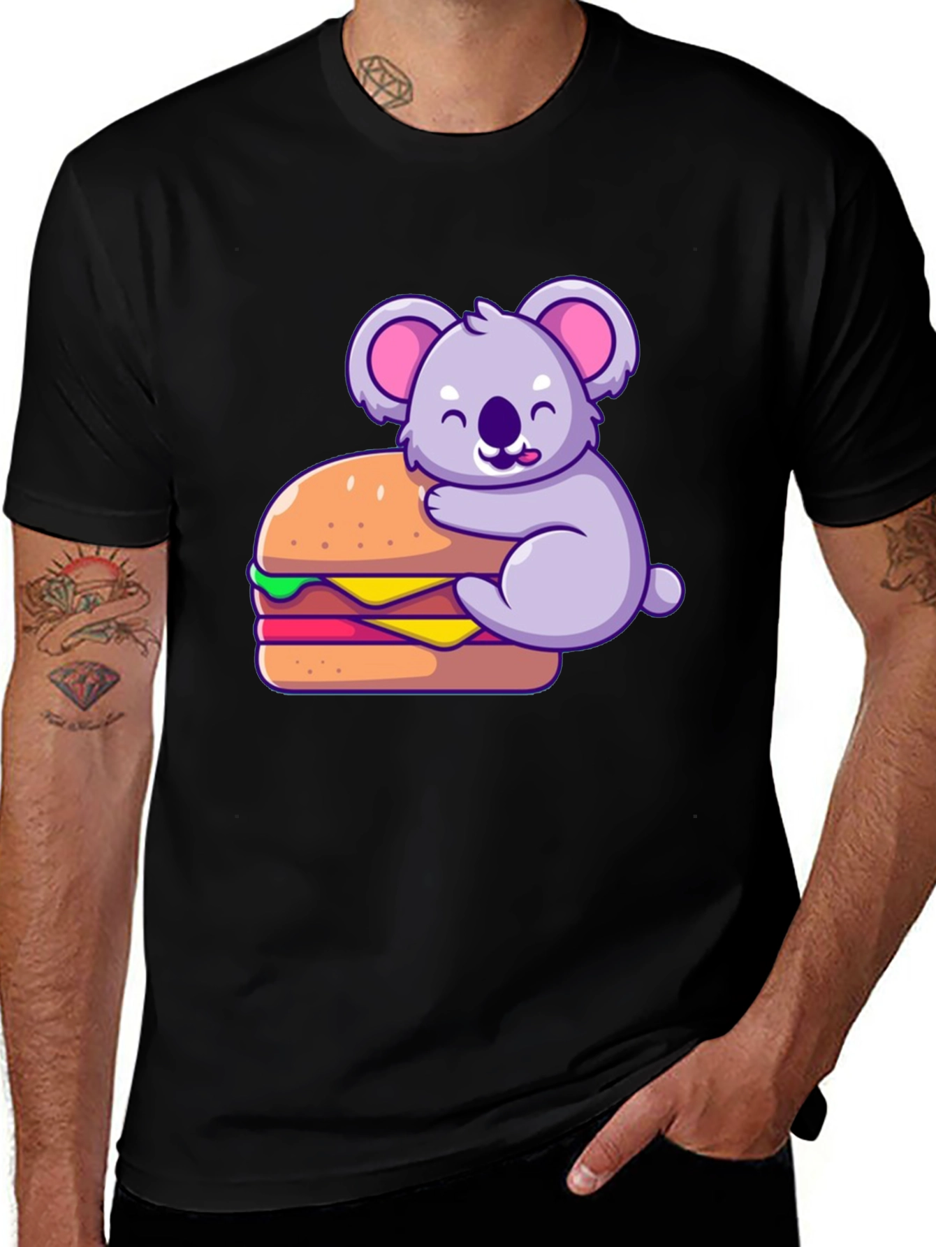 Variant 3 of Koala Hugging Burger Graphic T-Shirt - Black