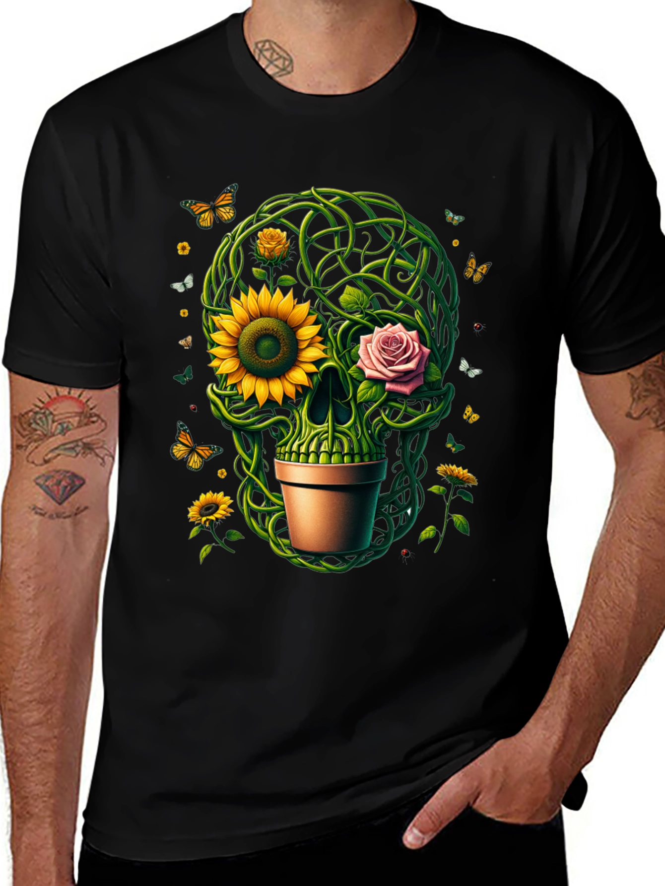 Variant 17 of Floral Skull T-Shirt - Unique Botanical Design