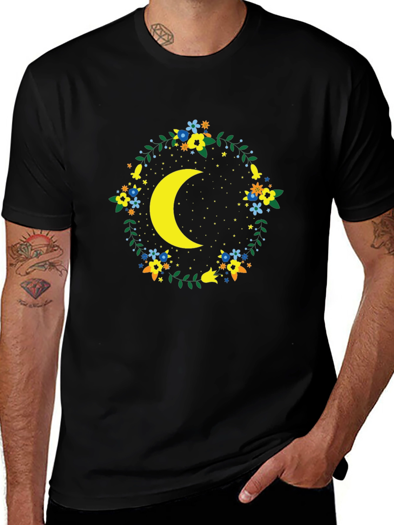 Black Floral Crescent Moon Graphic Tee - Black main image