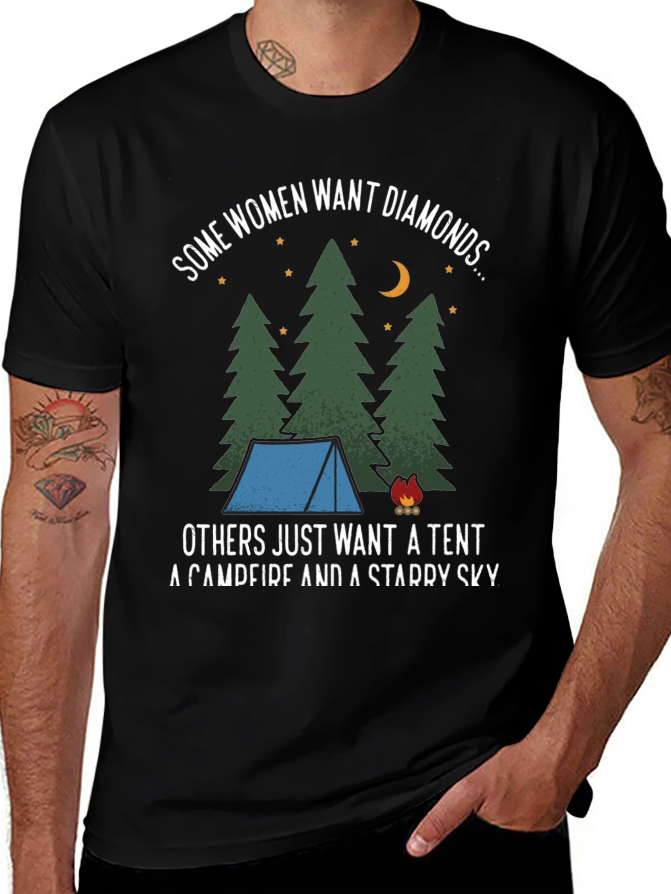 Variant 9 of Camping Lovers T-Shirt: Tent, Campfire, Starry Sky Graphic Tee