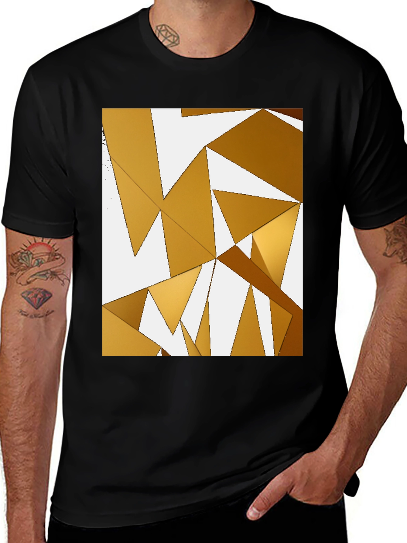 Variant 23 of Abstract Gold Geometric Triangle Black T-Shirt