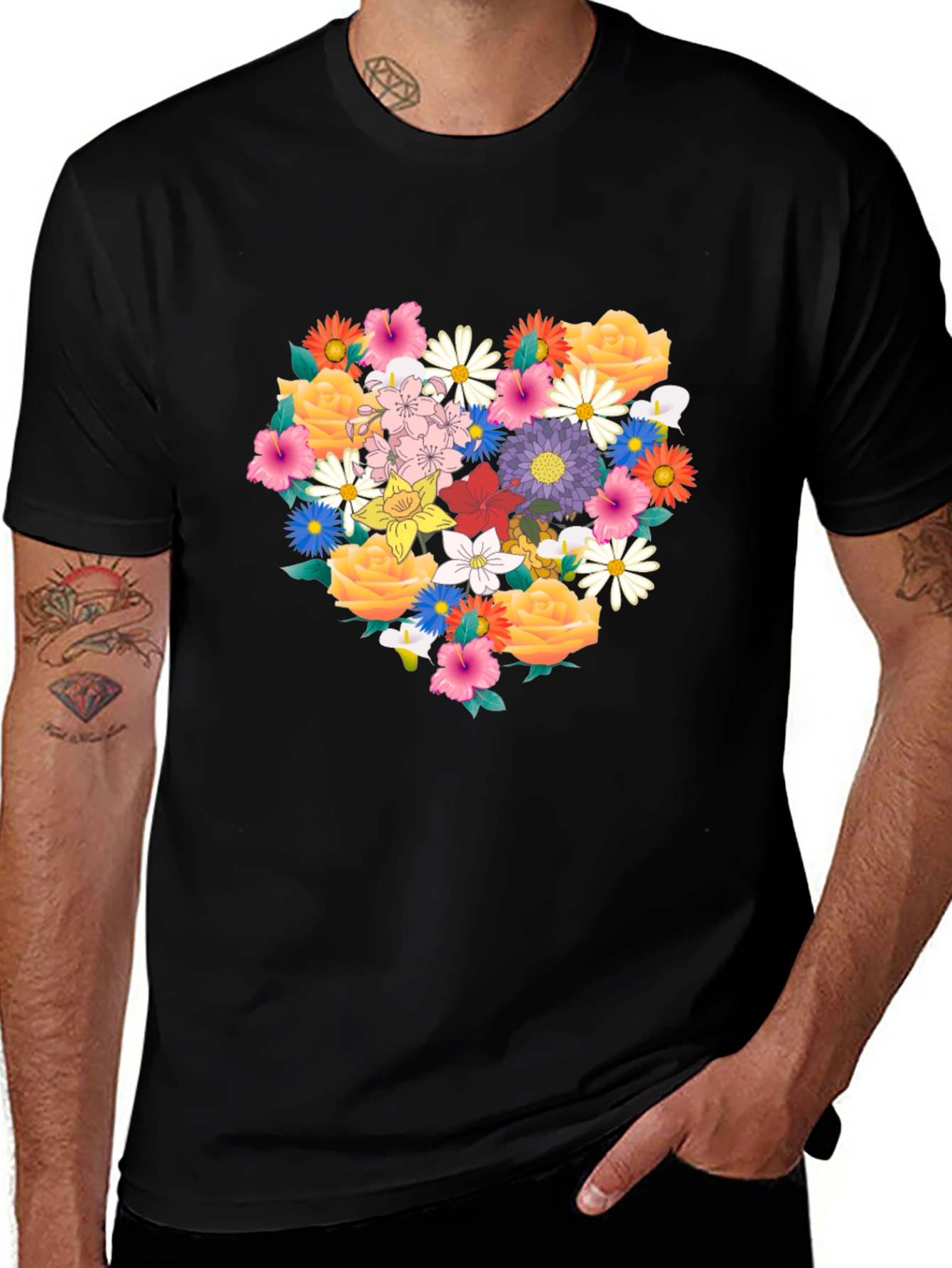 Variant 27 of Floral Heart Print Black T-Shirt