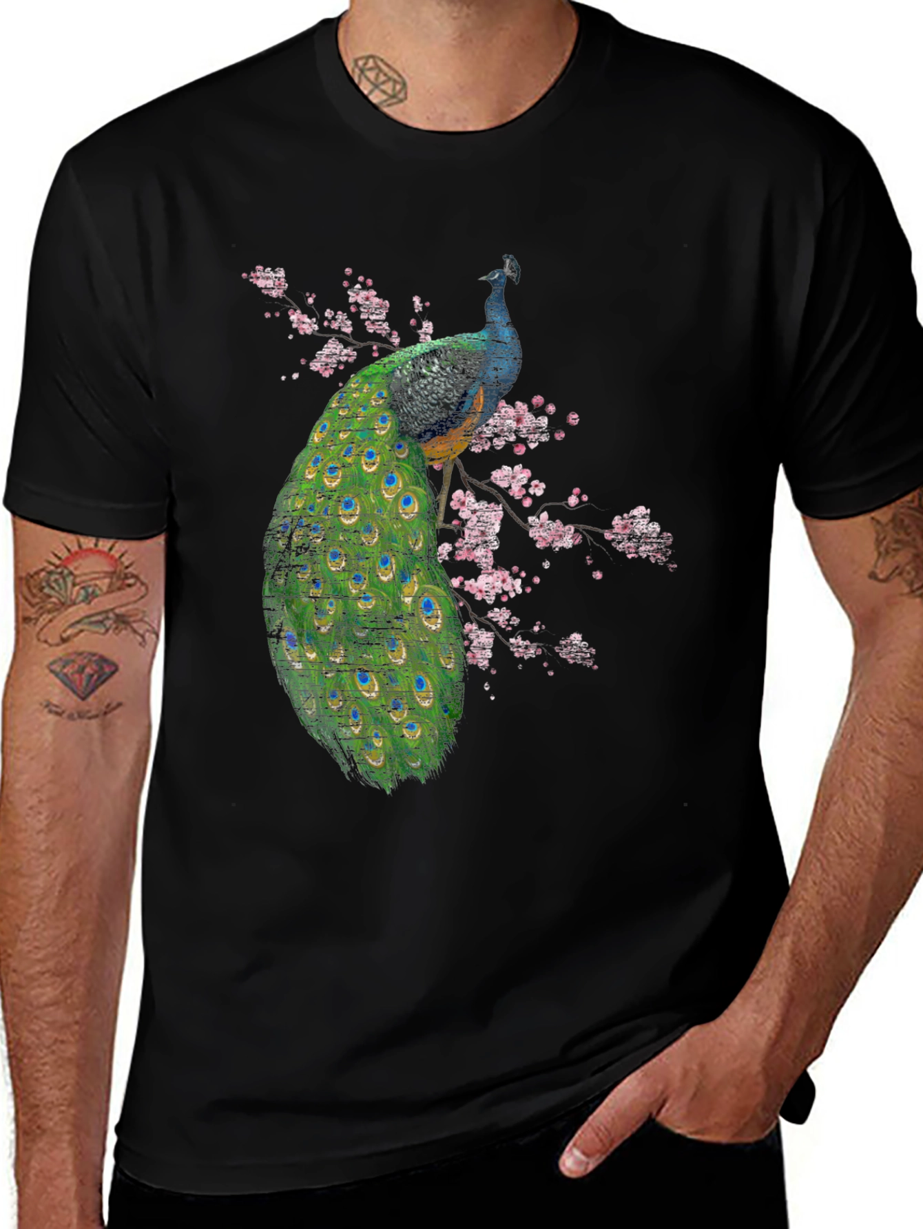 Variant 16 of Peacock Blossom Graphic Black T-Shirt