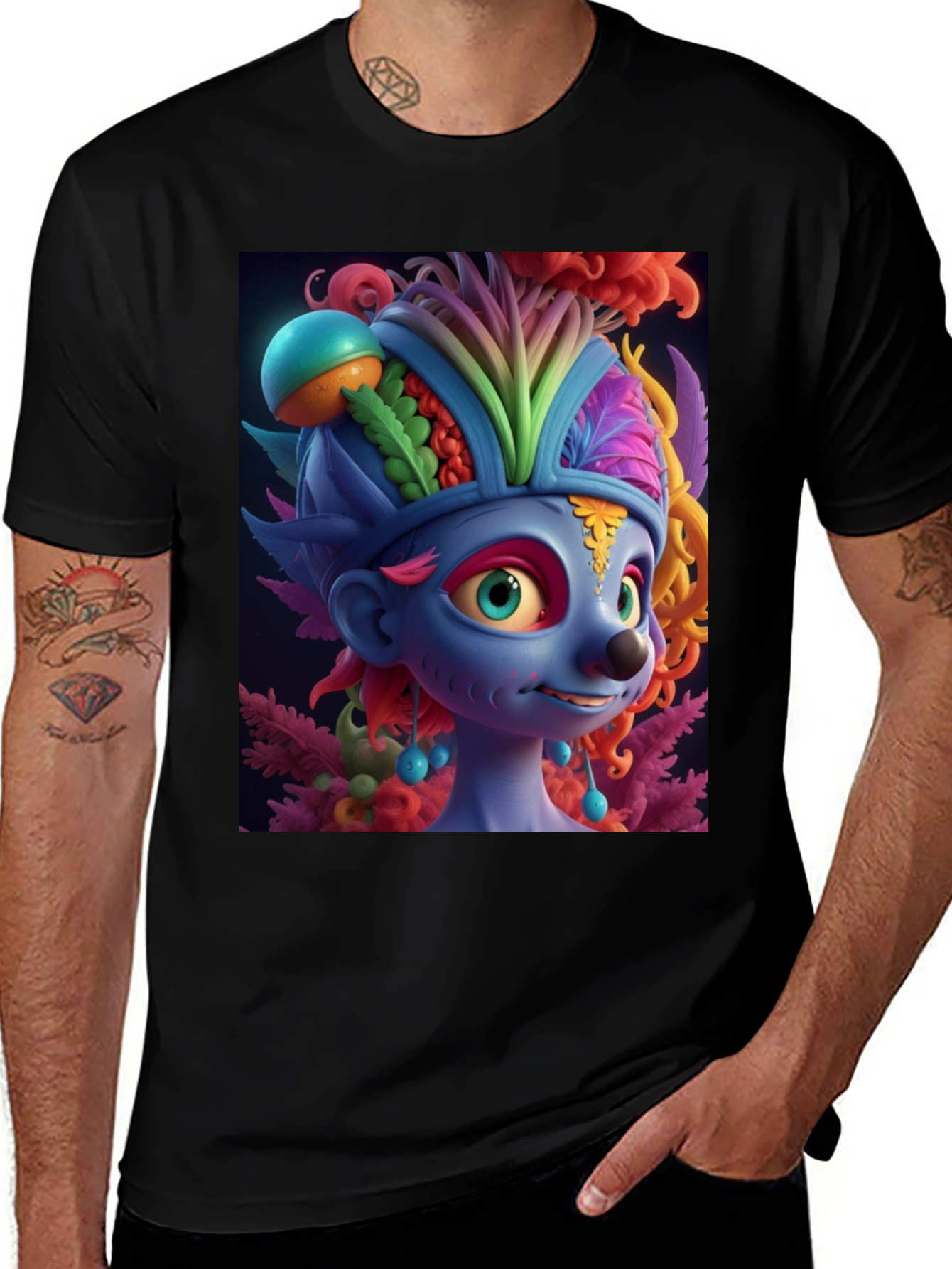 Variant 8 of Troll Character Graphic Tee - Black Cotton Blend