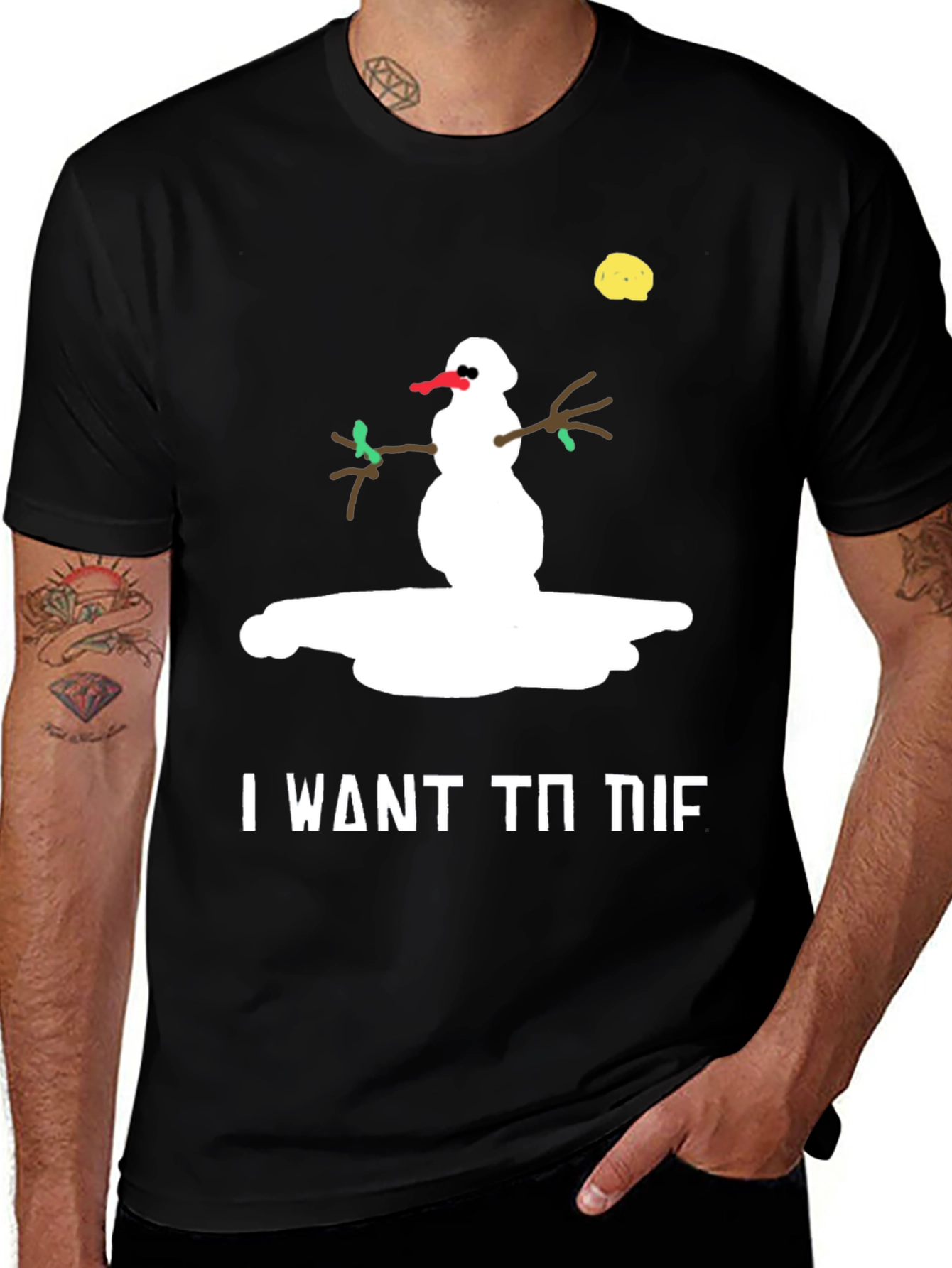 Variant 10 of Humorous "I Want To Die" Melting Snowman Black T-Shirt