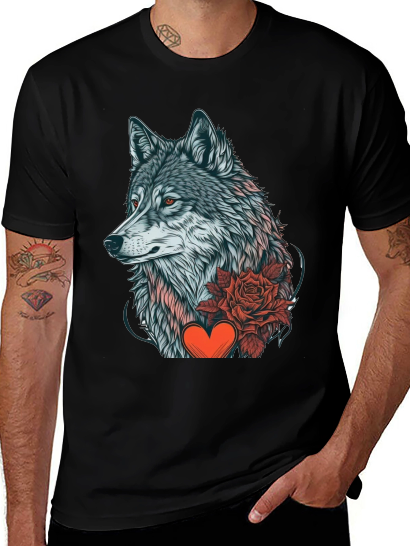 Variant 9 of Wolf Rose Heart Graphic Black T-Shirt