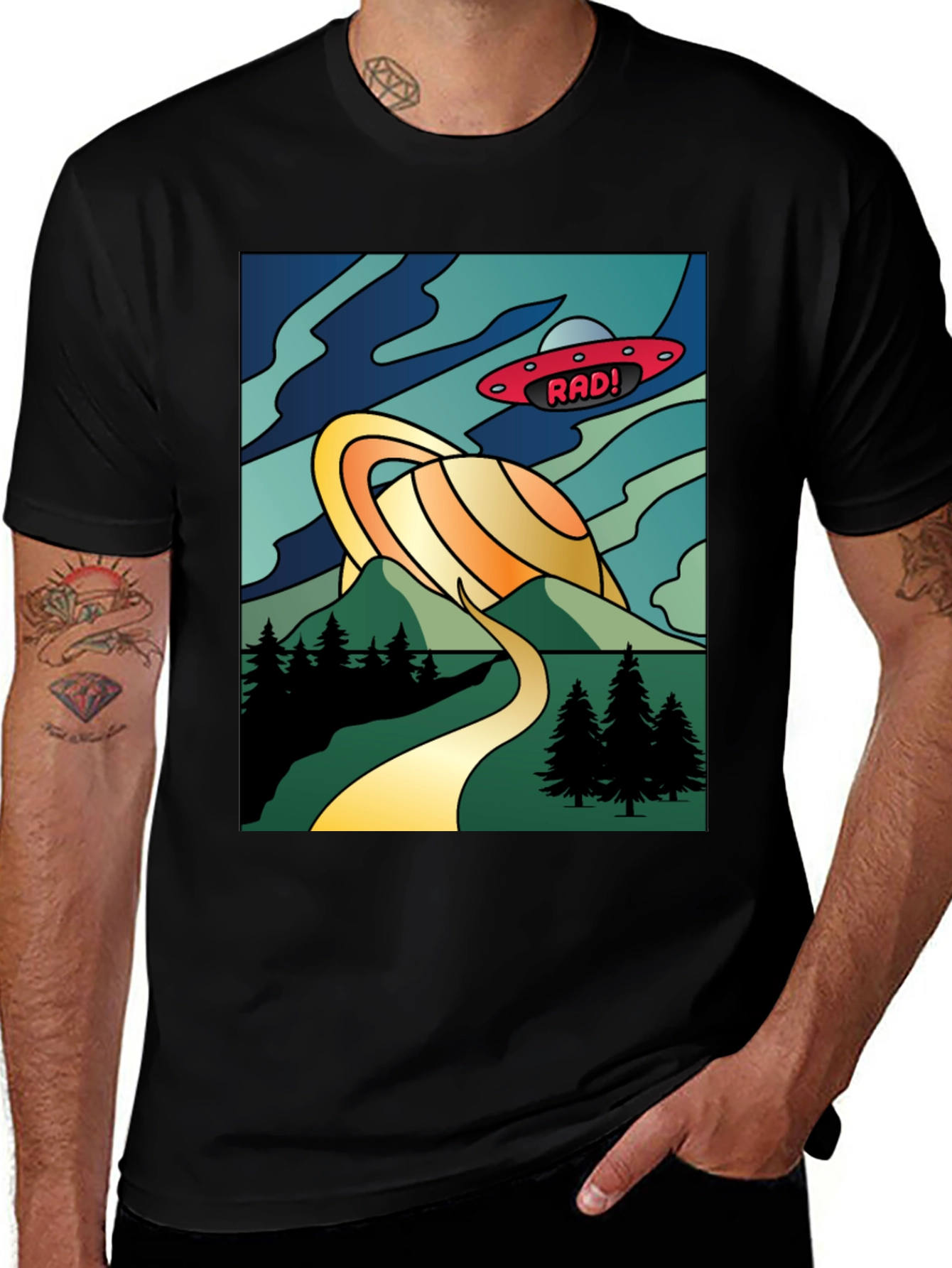 Variant 10 of Retro Rad! Graphic Tee - Saturn & UFO Design
