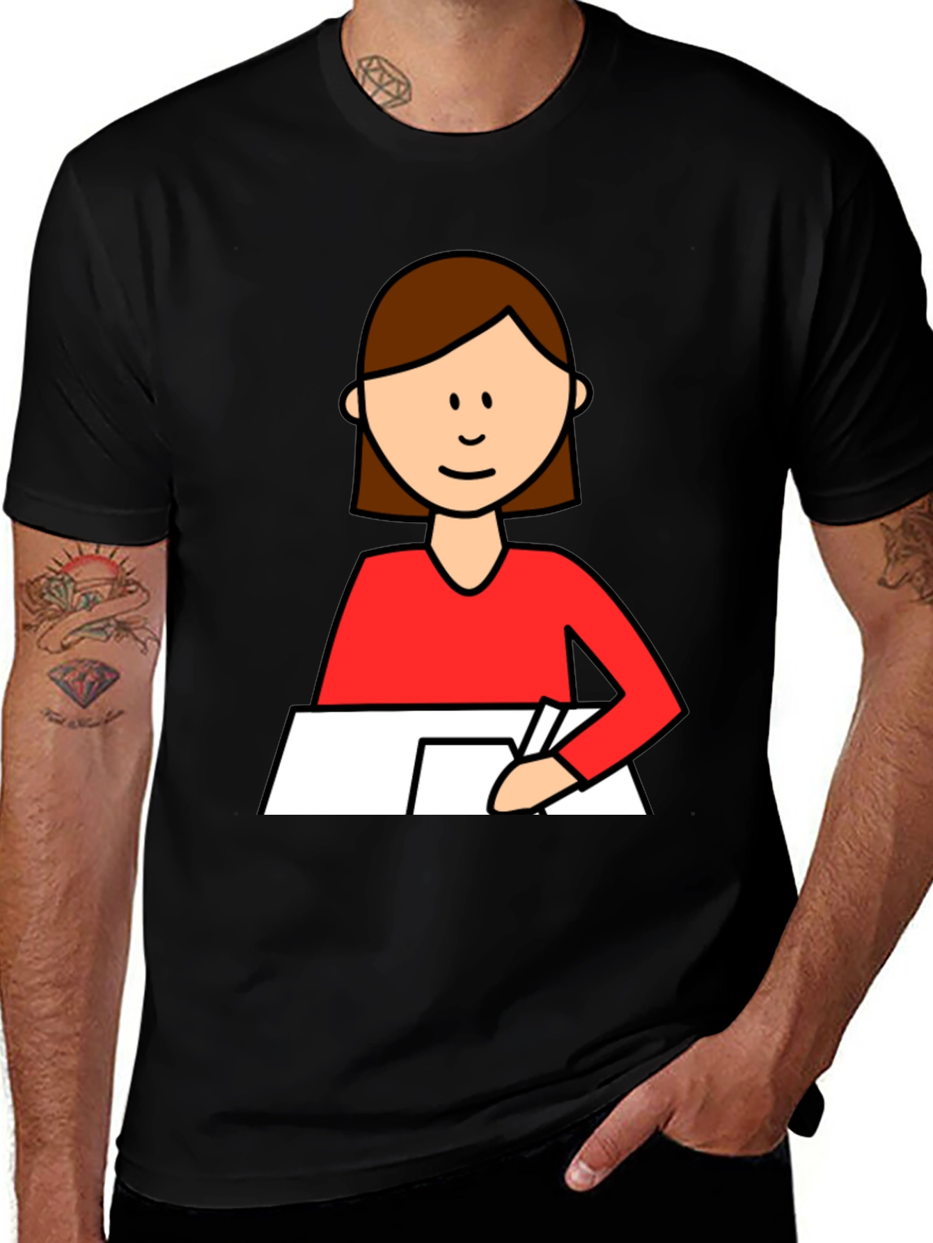 Variant 10 of Cartoon Woman Writing Black T-Shirt