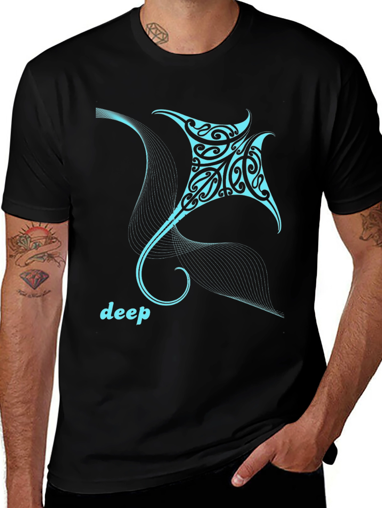 Variant 29 of Manta Ray Graphic Tee - Deep Sea Design, Black Shirt
