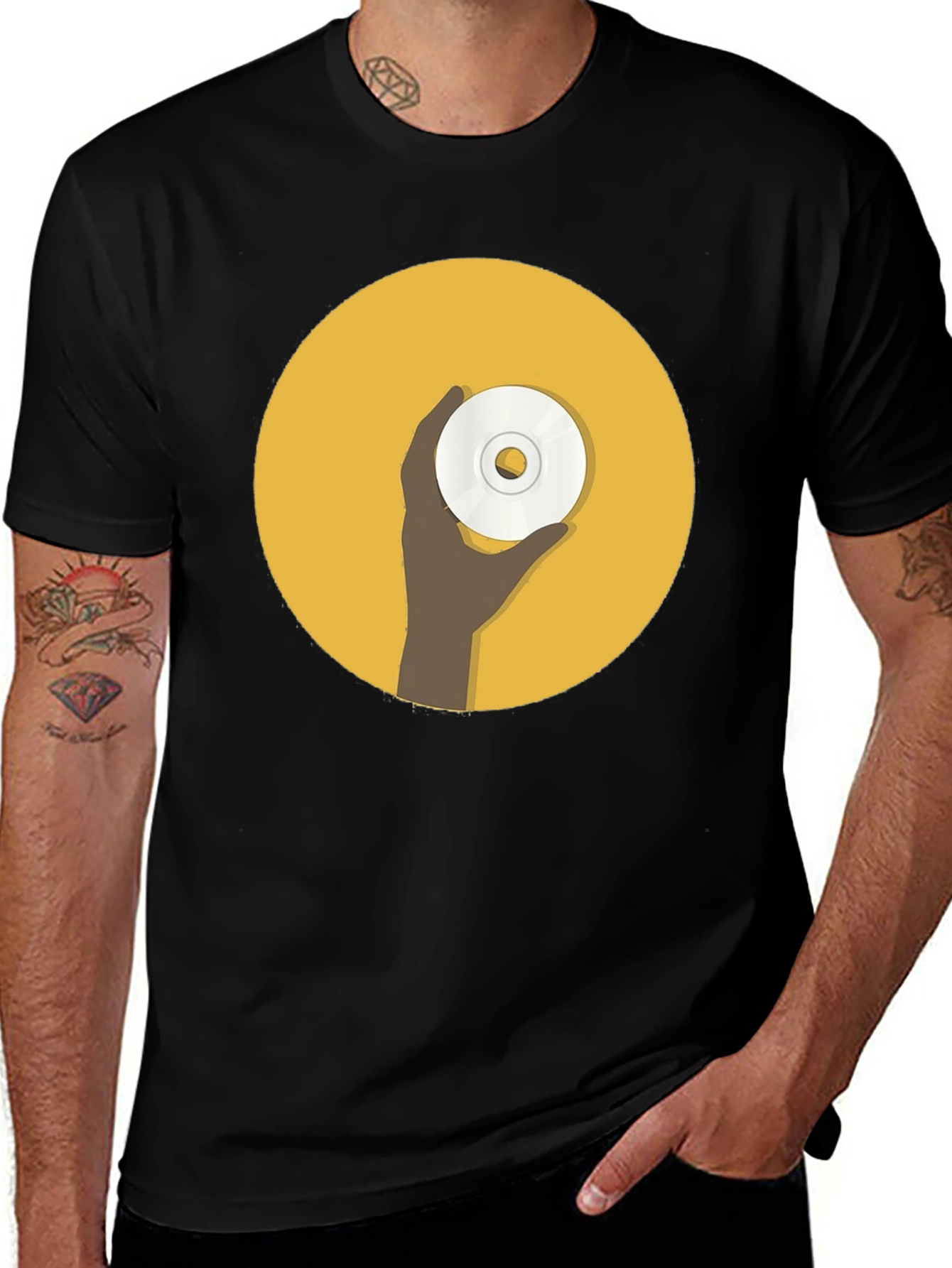 Variant 30 of Retro Graphic T-Shirt - Black Tee with Hand Holding CD