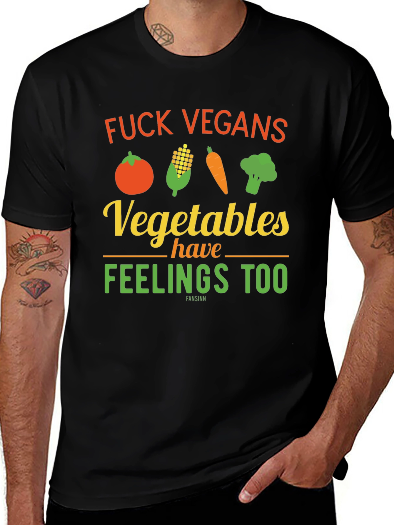Variant 29 of Anti-Vegan Graphic Tee: "Vegetables Have Feelings Too"
