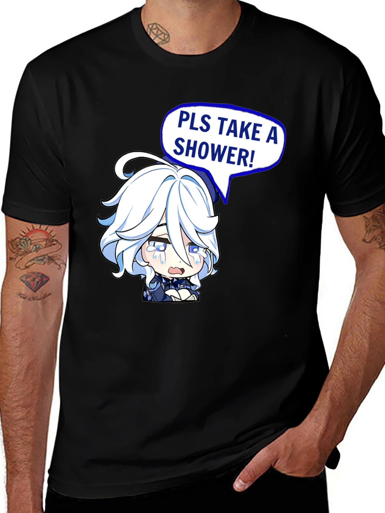 Variant 9 of Funny 'Pls Take a Shower' Anime T-Shirt