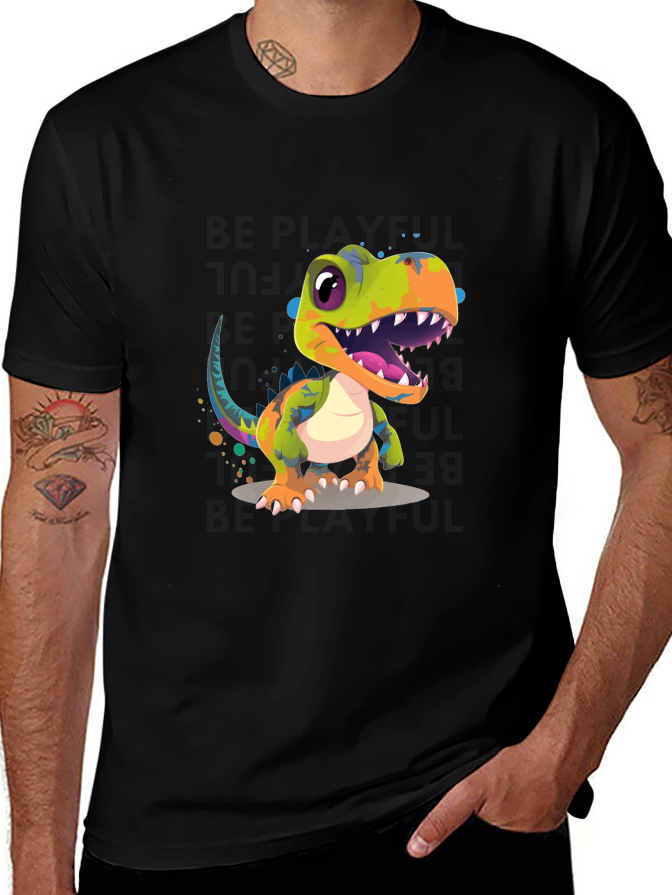 Variant 26 of Dinosaur Graphic Print Men's Black T-Shirt