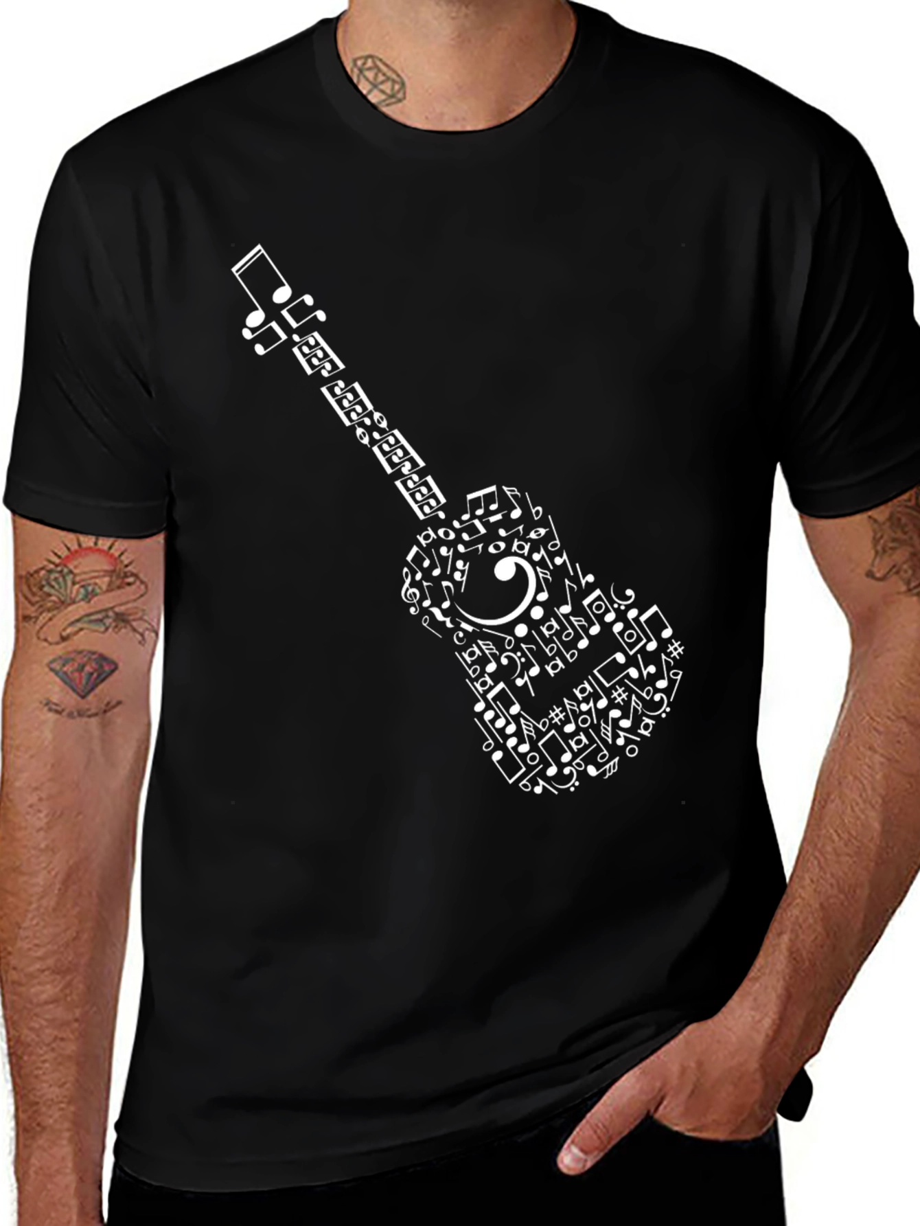 Variant 7 of Music Notes Guitar Graphic Tee - Black Cotton Shirt