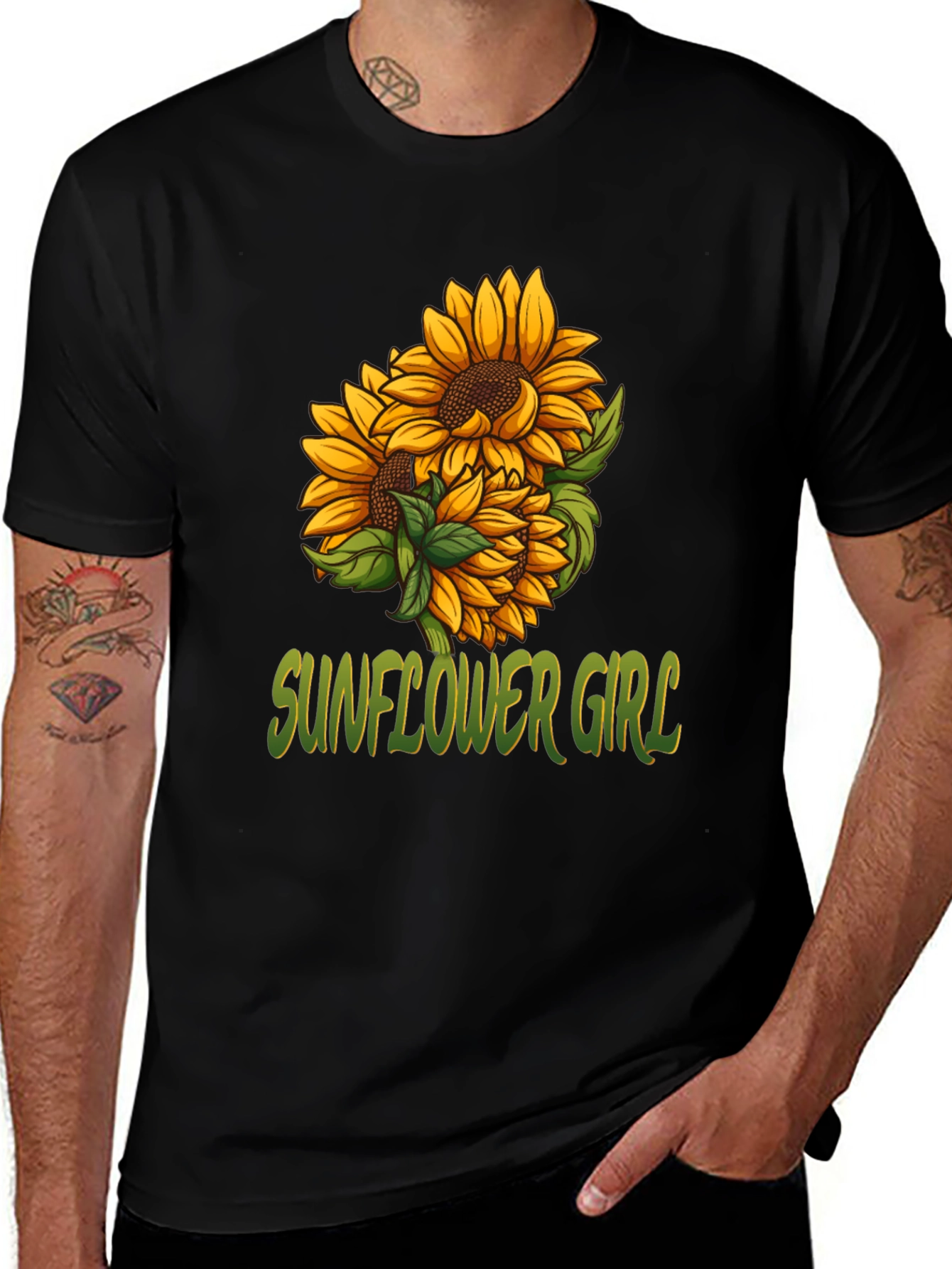 Sunflower Girl Graphic Tee - Black Cotton Casual T-Shirt