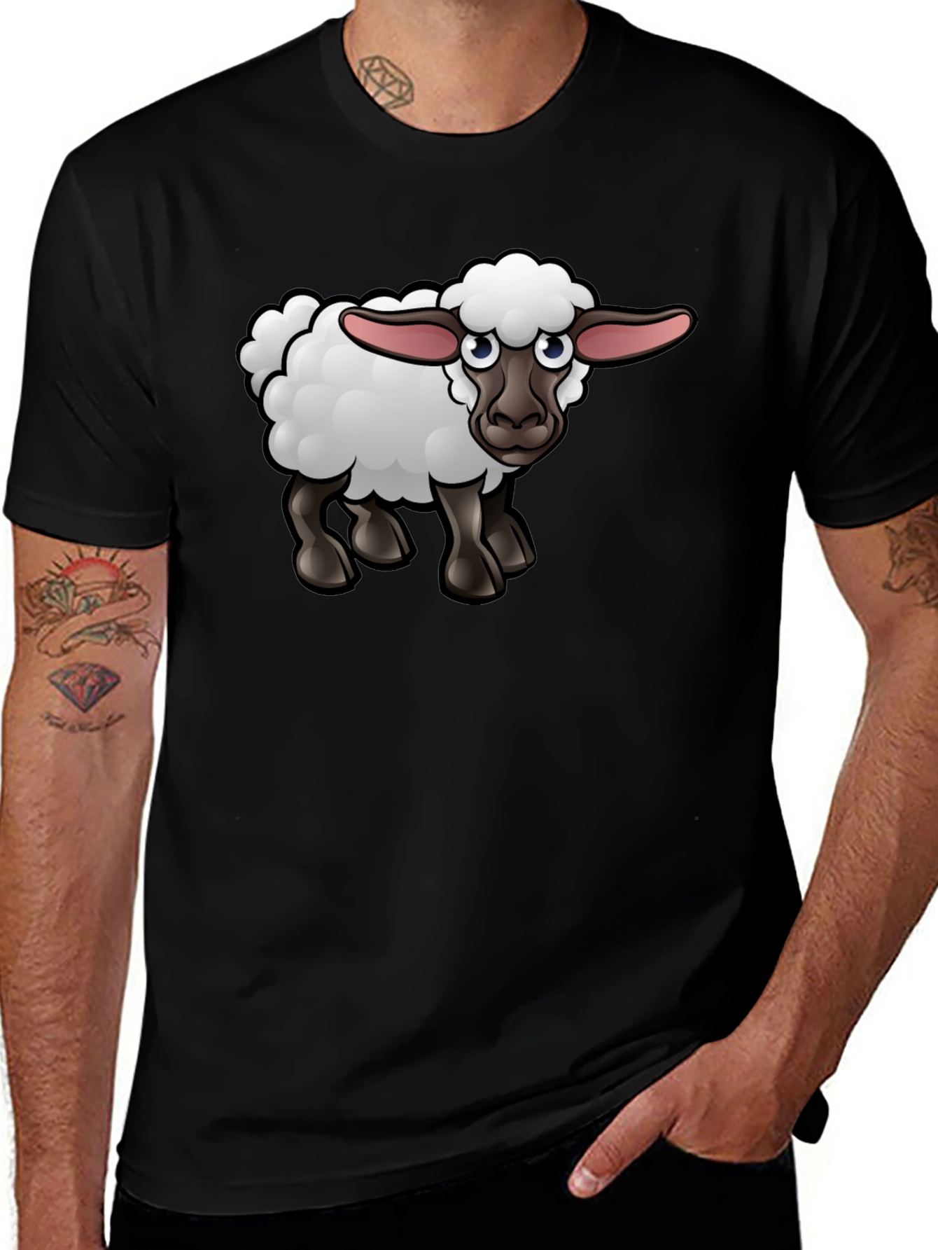 Variant 12 of Cartoon Sheep Graphic Tee - Black Cotton Shirt