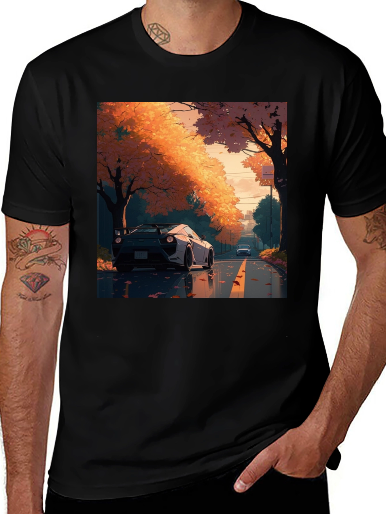 Variant 15 of Autumn Road Car Graphic Tee - Stylish Black T-Shirt