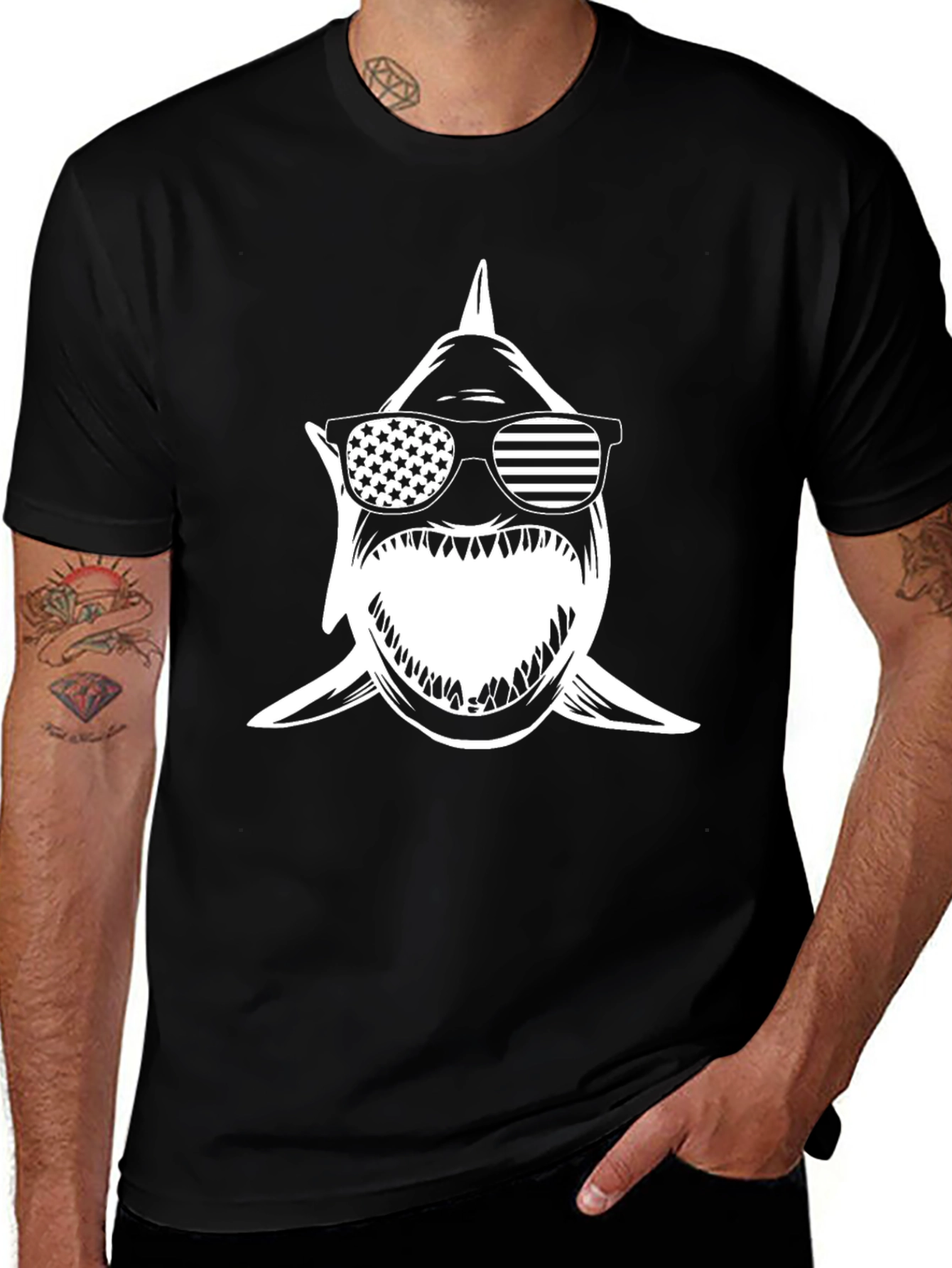 Variant 3 of Shark with American Flag Sunglasses Black Tee