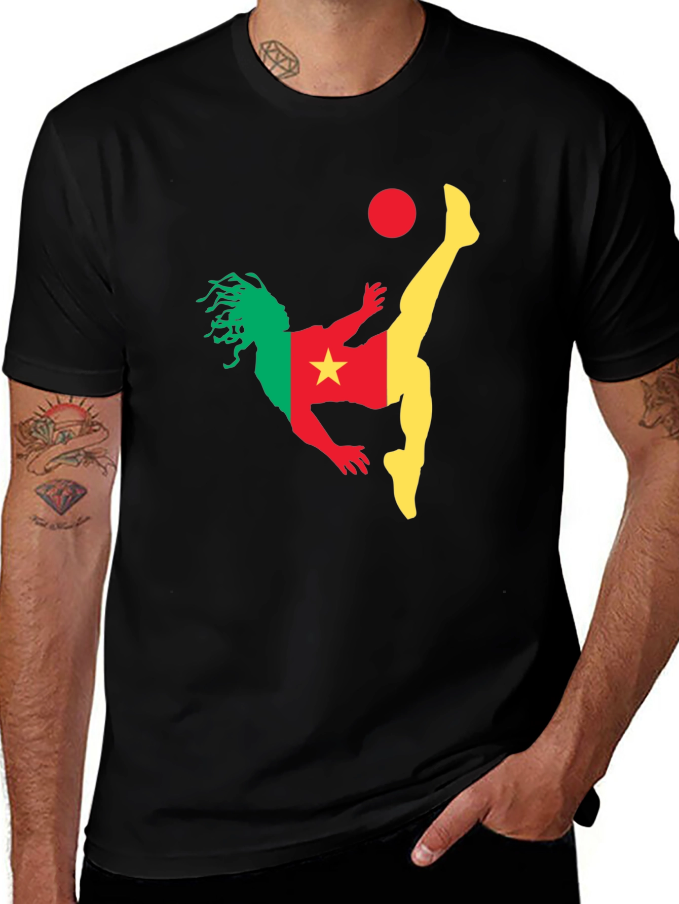 Variant 5 of Cameroon Flag Soccer Player Black T-Shirt