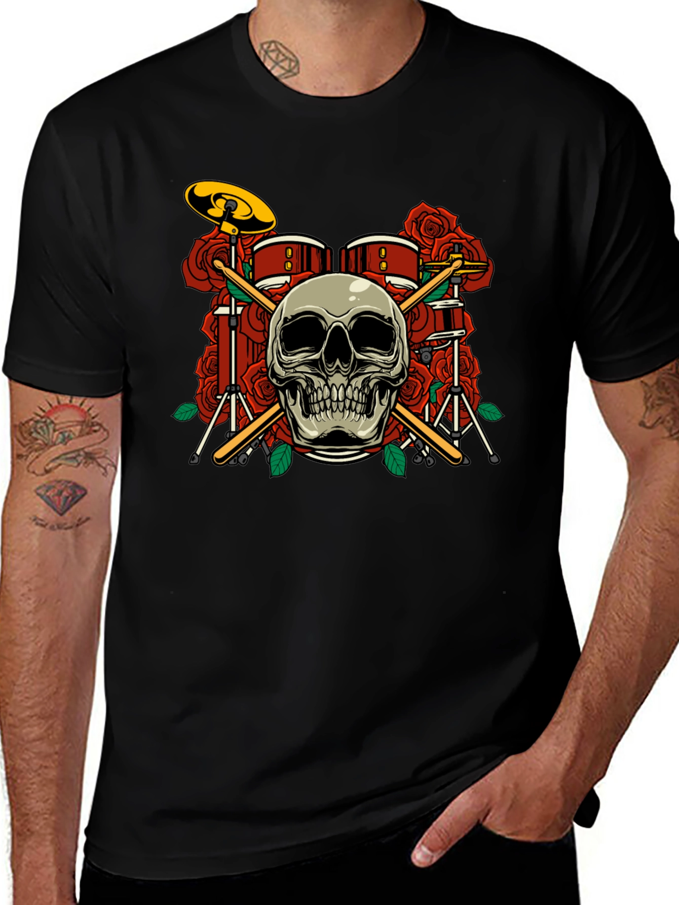 Variant 12 of Skull Drum Set Roses Graphic Tee