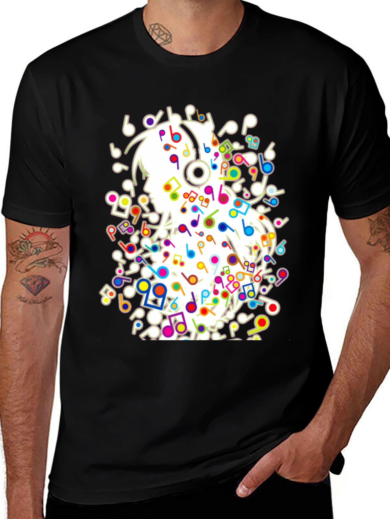 Variant 14 of Musical Girl T-Shirt - Black Cotton Tee with Colorful Notes