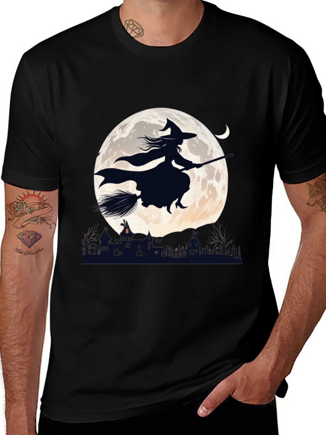 Variant 4 of Witch on Broomstick T-Shirt - Halloween Moon Design