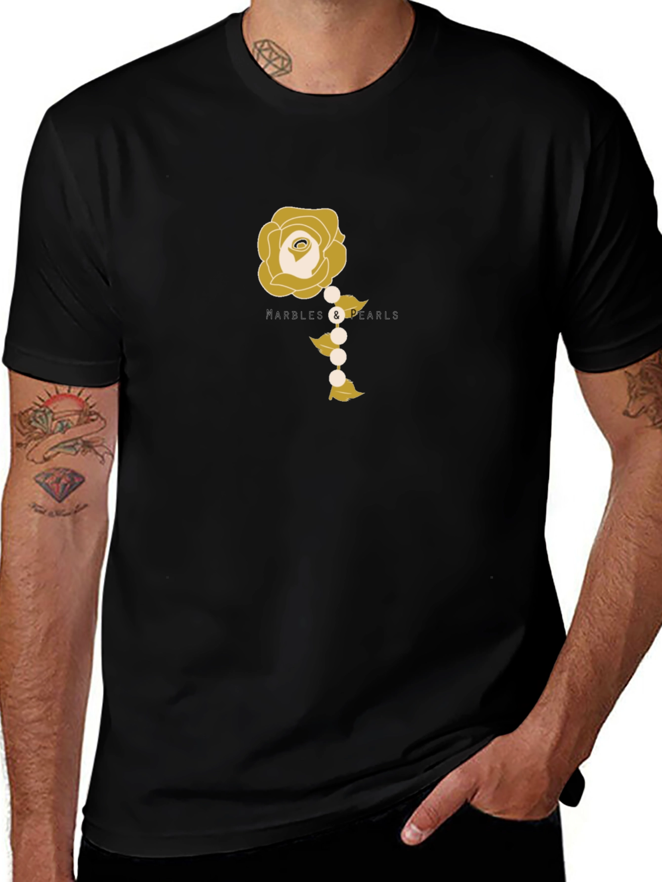 Variant 30 of Elegant Rose and Pearls Graphic Tee - Black