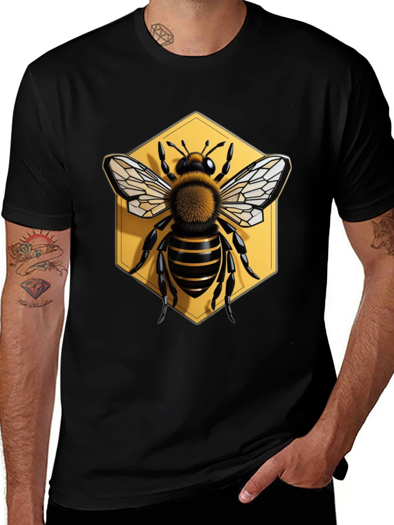 Variant 6 of Honeycomb Bee Graphic Tee - Black Cotton Blend