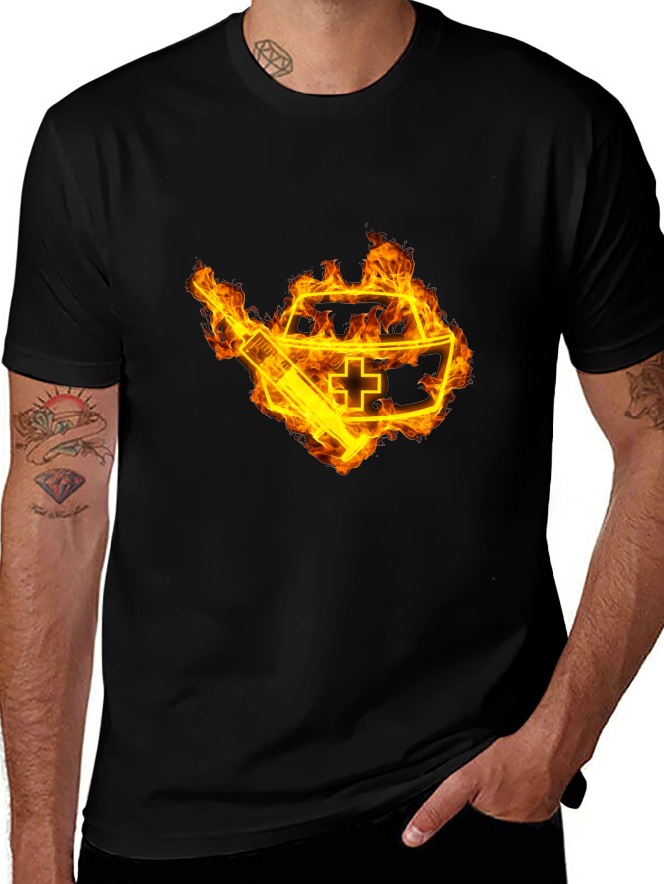 Variant 6 of Burning Nurse Hat and Syringe Graphic T-Shirt