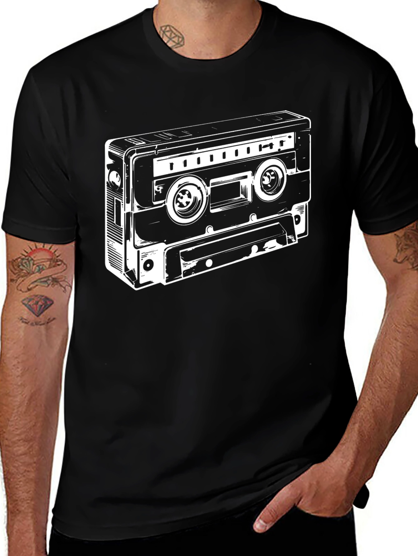 Variant 22 of Retro Cassette Tape Graphic Tee - Black Cotton Blend