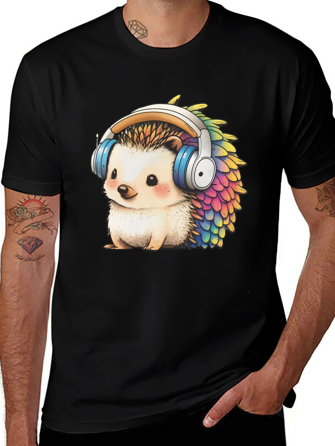 Hedgehog Headphones Graphic Tee - Black Cotton Shirt