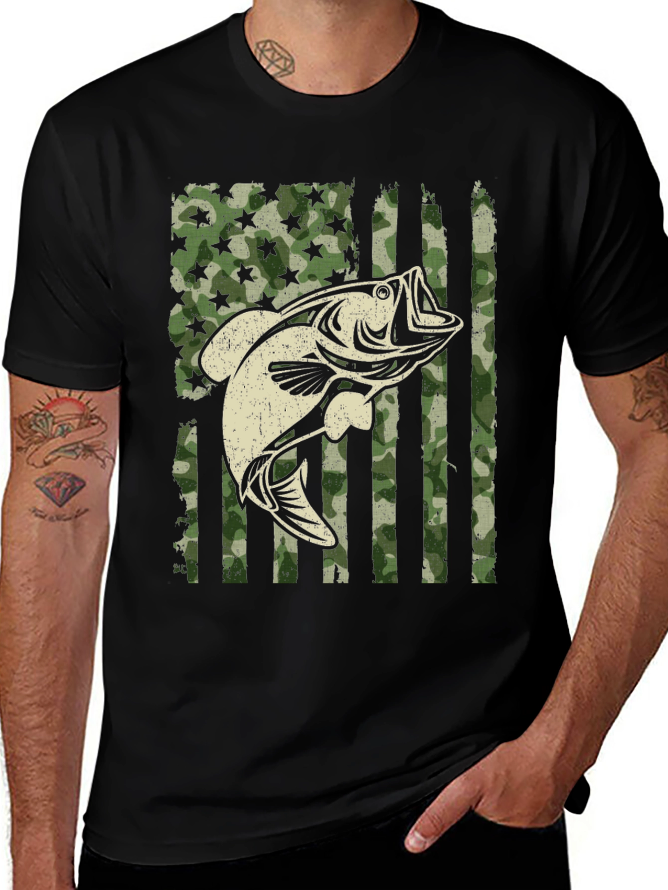 American Flag Camo Bass Fishing Graphic Tee