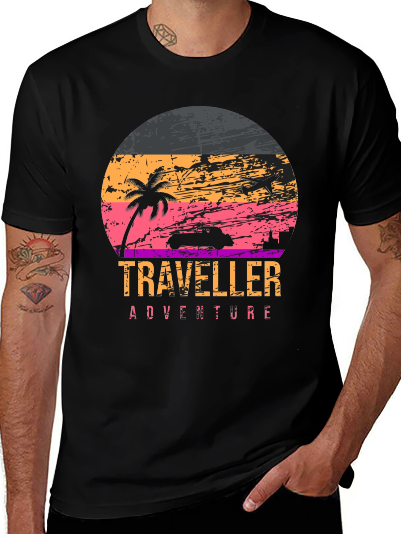 Variant 7 of Traveller Adventure Graphic Tee - Retro Sunset Design