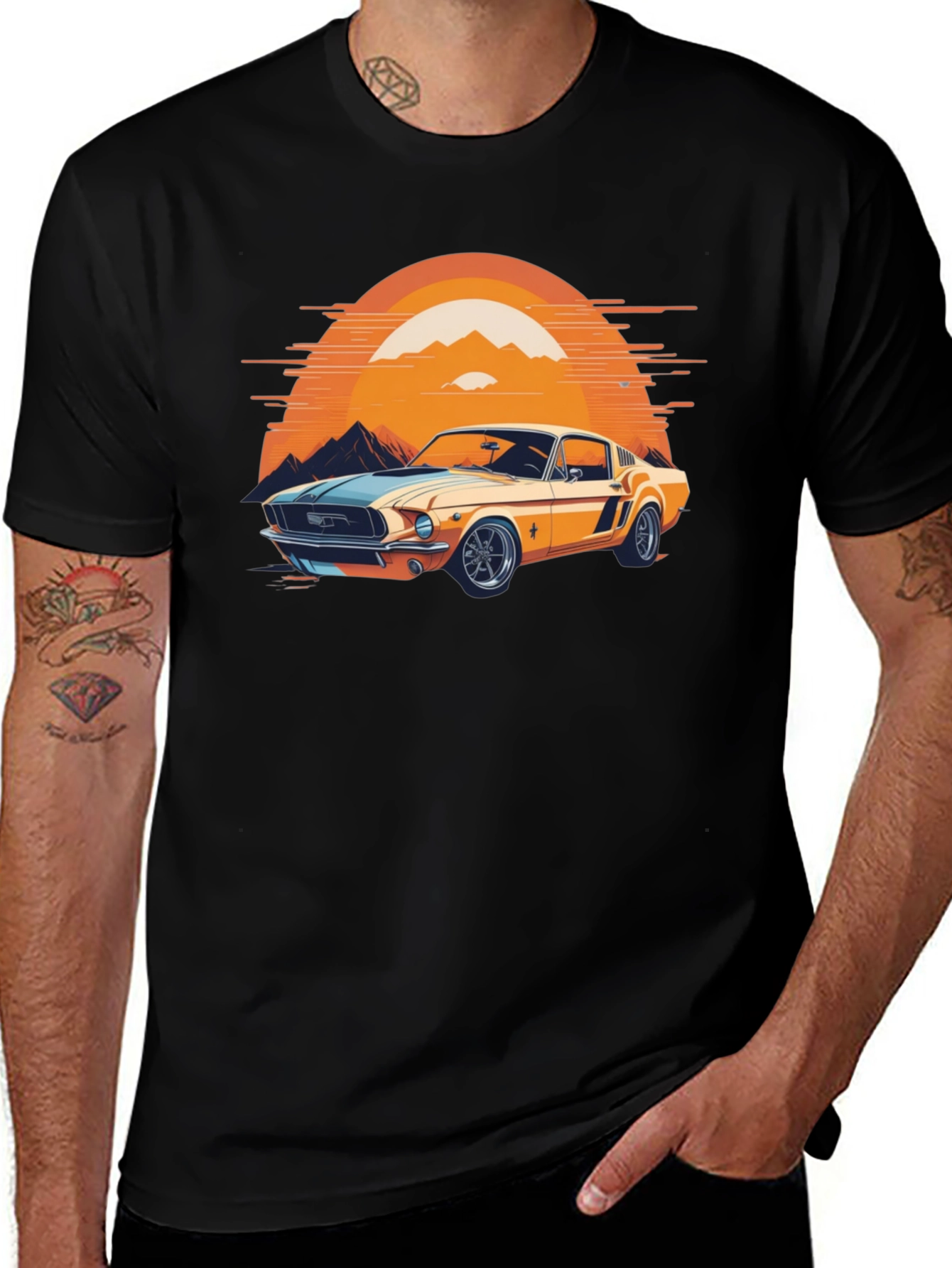 Variant 15 of Retro Car Graphic Tee - Sunset Racer Black T-Shirt