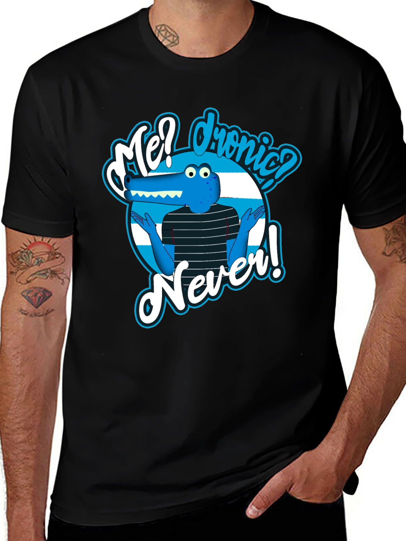 Variant 12 of Funny Cartoon Alligator T-Shirt - Me? Dronic? Never!