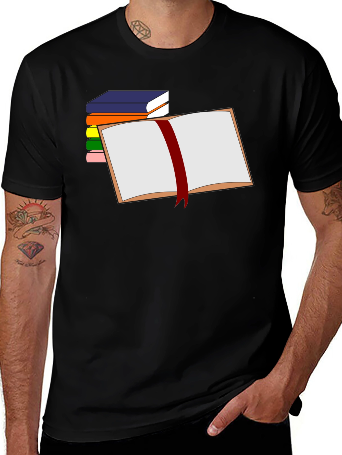 Book Lover T-Shirt - Open Book & Stacked Books Design