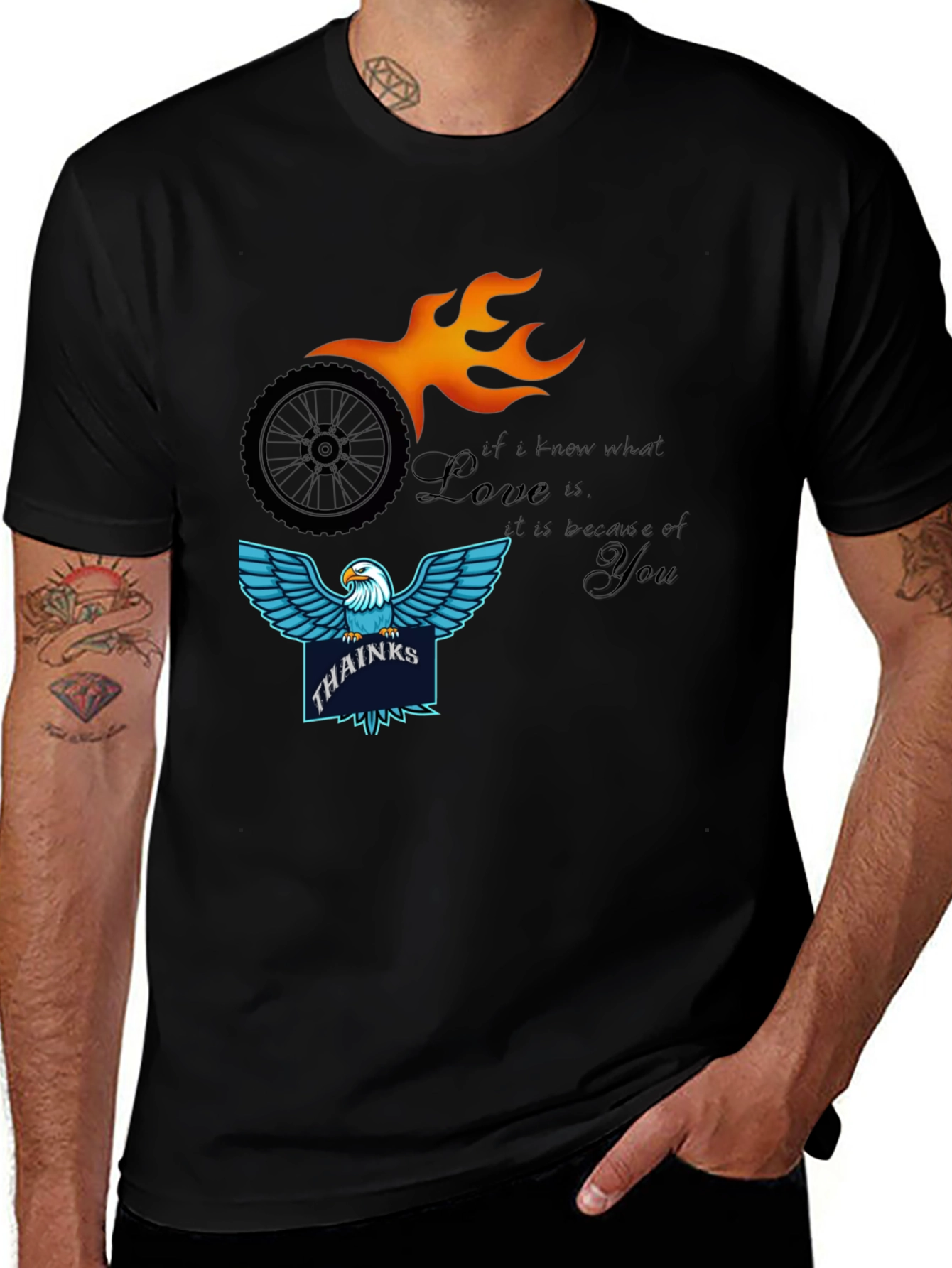 Variant 18 of Graphic T-Shirt - Wheel Flame, Eagle Print, Thanks