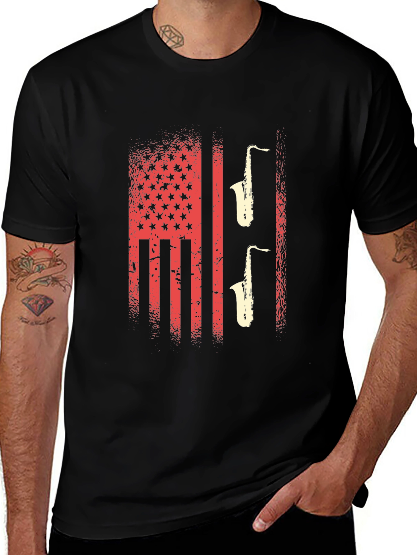 Variant 12 of American Flag Saxophone Graphic Tee