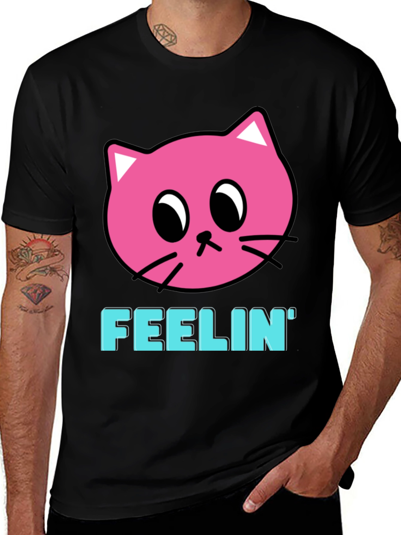 Black Feelin' Pink Cat Graphic Black T-Shirt main image