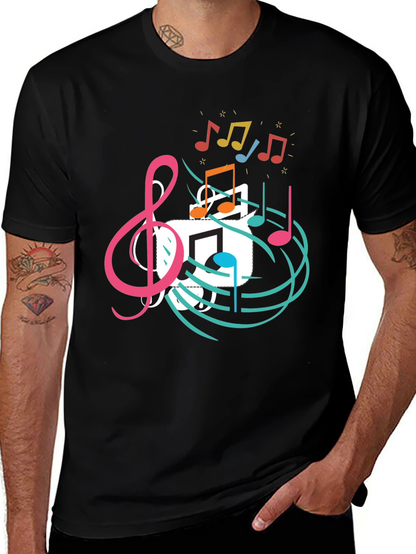 Musical Note Graphic Print Black T-Shirt
