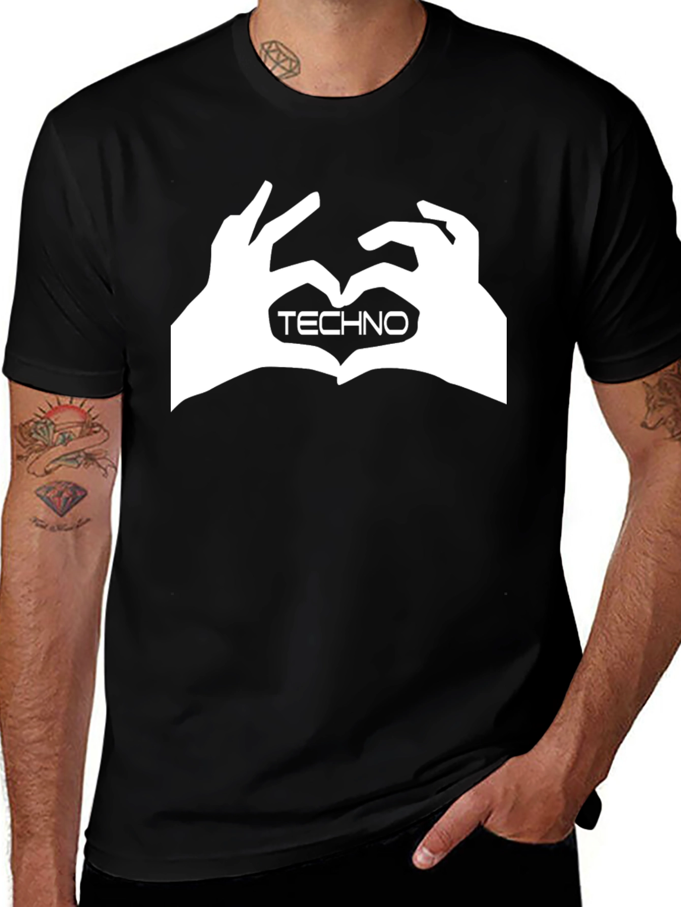 Variant 28 of Techno Heart Hand Sign Graphic Black T-Shirt