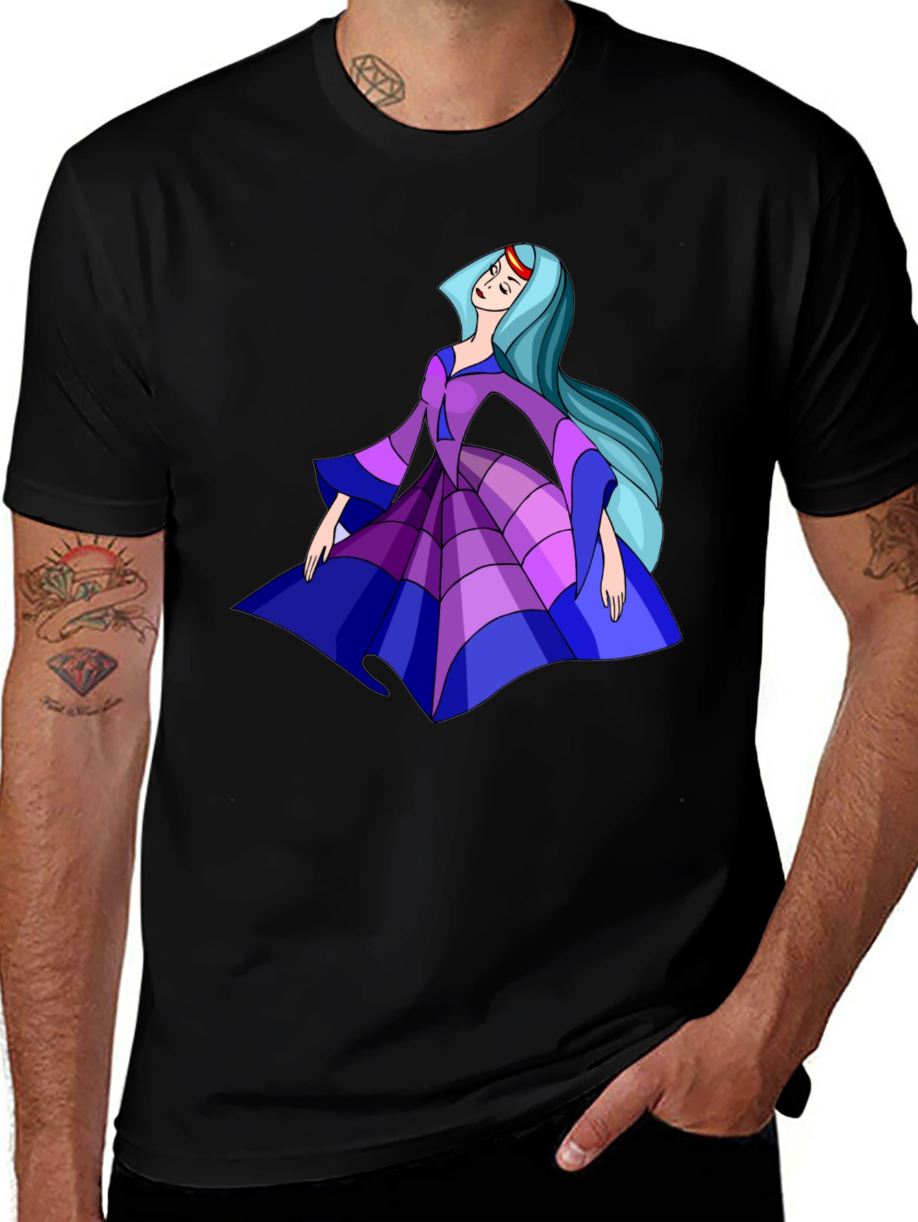 Cartoon Princess Graphic Tee - Black Cotton Casual Shirt