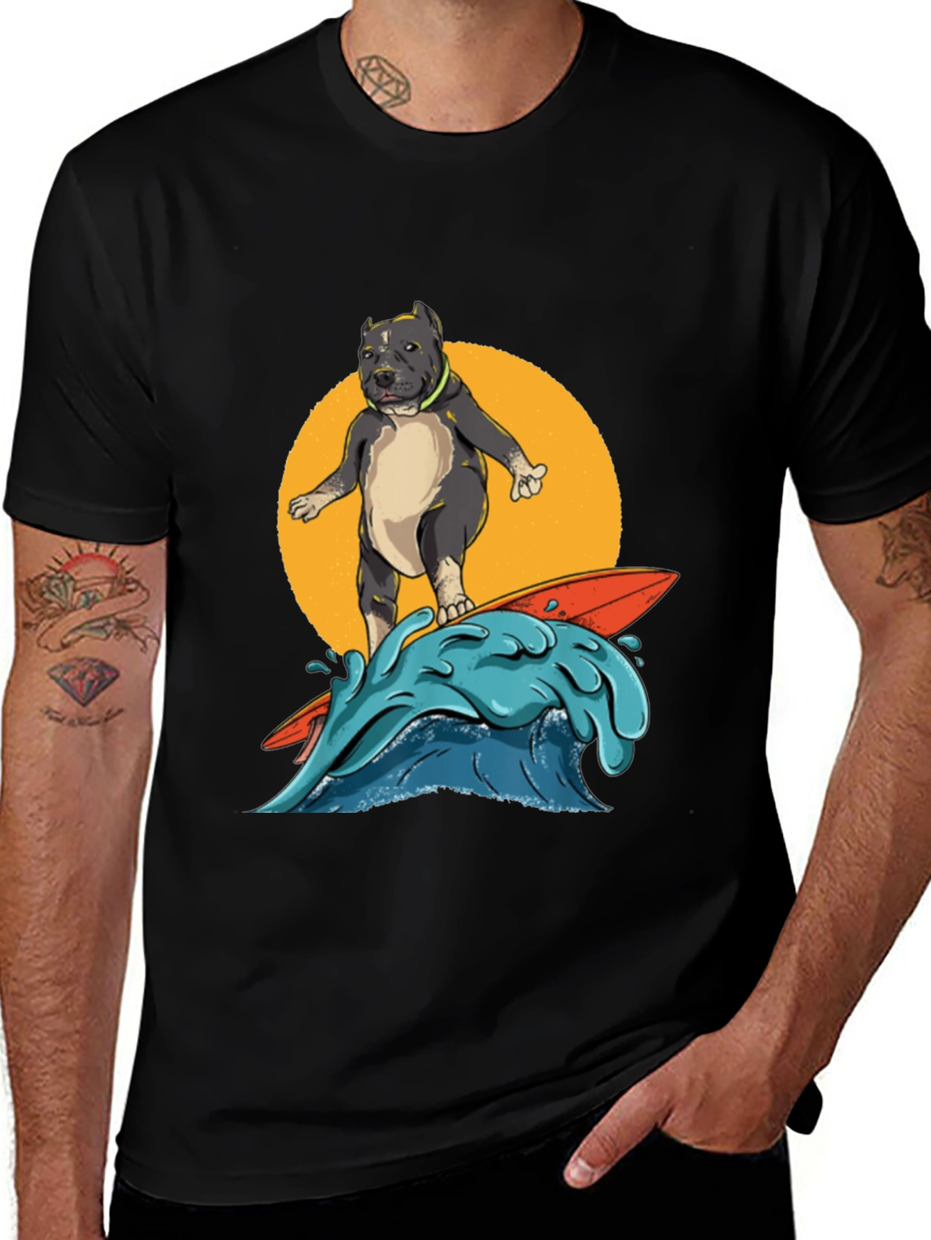 Variant 16 of Surfing Pitbull Graphic Tee - Cool Dog Lover Shirt